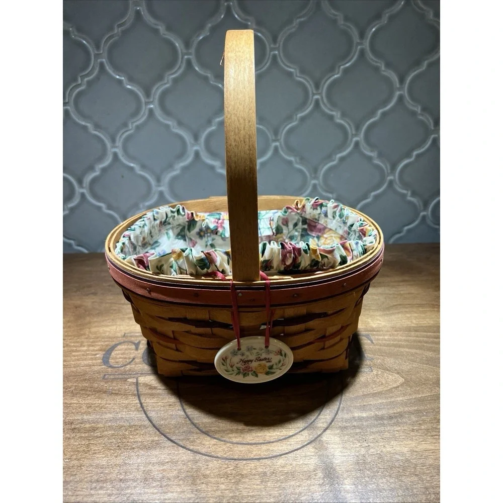 Longaberger Easter Basket 1995 With Floral Liner‎ And Plastic Protector